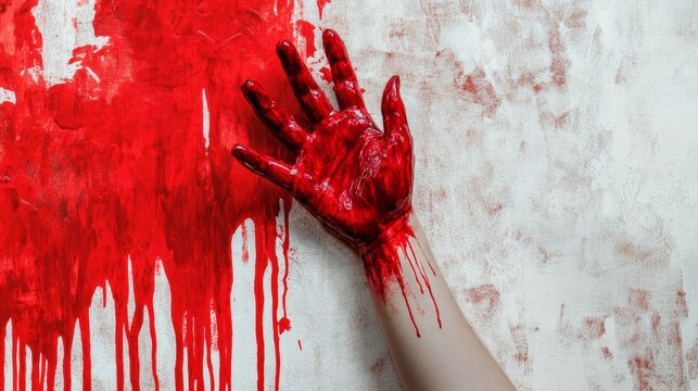 hand in red dripping blood against a light background. halloween horror