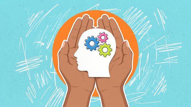 Hands cradling a head filled with colorful gears representing thought and innovation illustration