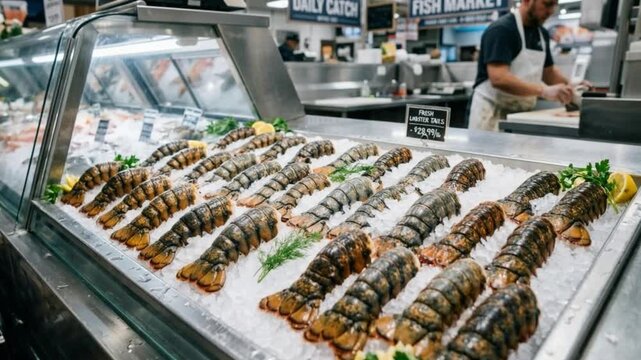Premium fresh raw lobster tails meticulously arranged on a shimmering bed of crushed ice, within a brightly lit seafood display case at a bustling grocery store market.