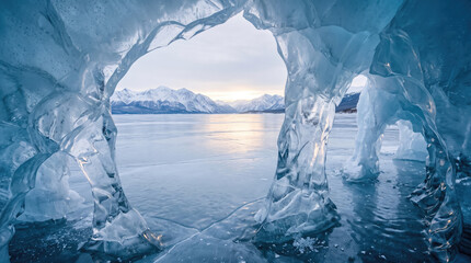 Magnificent ice cave interior overlooking frozen lake, snowy mountains, and winter sky in wild nature landscape. © Laura Pashkevich