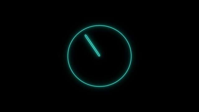 Neon analog clock icon with glowing turquoise light effect on black background showing 24 hour time lapse motion animation footage.