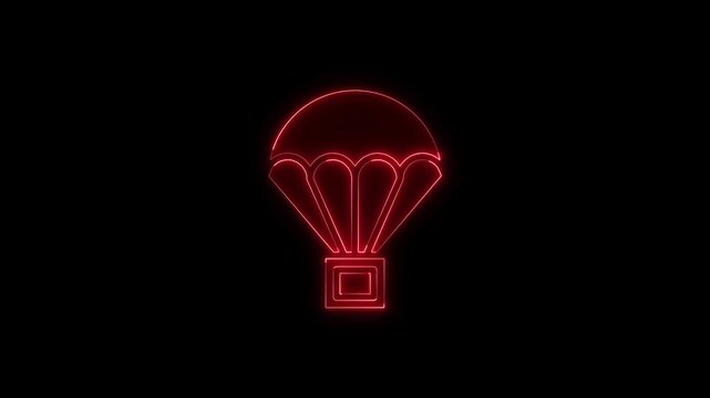 Neon parachute delivery icon with cargo box glowing in red on dark background for logistics concept motion graphics.