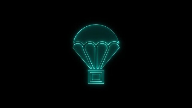 Glowing neon parachute carrying package video clip with cyan light animation on black background for dynamic motion art.