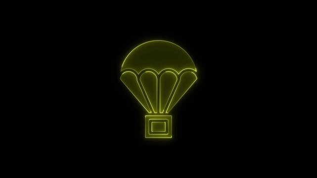 Neon yellow parachute icon pulsating with glowing outline in minimalist design isolated on black background video footage.