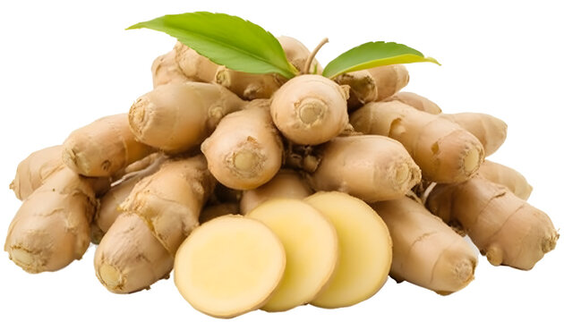 Fresh yellow ginger root pile with sliced pieces, green leaves, healthy organic spice, raw rhizome on white background, culinary ingredient photo, cooking essential for cuisine and home care
