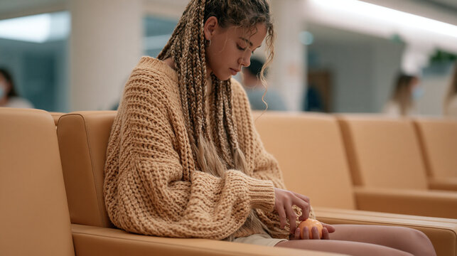 Irish woman with long braids sitting in a neurologist waiting room pressing a stress ball, tremor symptom visible in her hand, essential tremor awareness, motor control disorder,