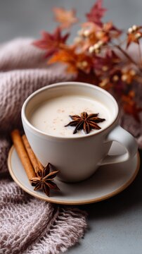 Close-up creamy chai latte with star anise and cinnamon on cozy fabric in autumn setting, with chai, latte, coffee, cup detail, showing foam, star, anise, cinnamon context