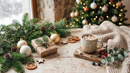 Cozy Christmas setup with warm mug of hot chocolate, knit blanket, gift box, and fir branches on wooden table. © Laura Pashkevich