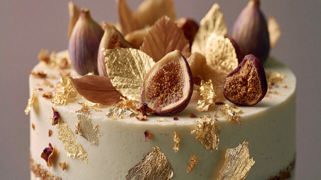 Cake decorated with fresh figs and edible gold leaf flakes.