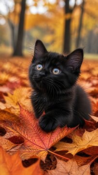 Black kitten in autumn leaves, cute mobile wallpaper, soft bokeh style