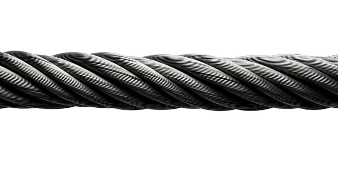 Steel cable wire rope closeup macro industrial heavy duty strand on transparent background