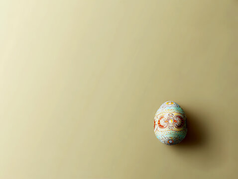 Single decorated Easter egg placed on a warm beige background with soft shadows and generous copy space, creating a minimalist seasonal concept for Easter advertising and packaging.