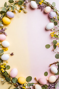 Elegant Easter border combining pastel eggs, spring flowers and natural foliage around a soft central copy space, suitable for seasonal greetings, packaging and promotional designs.