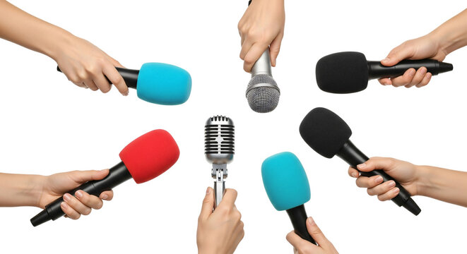 Multiple hands holding various colorful microphones for broadcasting and interviews on transparent background