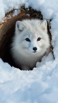 White Arctic fox peeks from snow-covered den entrance, fluffy fur contrasting with snowy surroundings