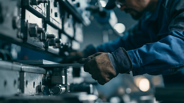 Metal sheet bending machine and factory worker showcasing precision metal fabrication, press brake operation and sheet metal forming, representing industrial manufacturing and heavy technology