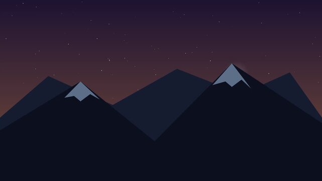 Animated mountain landscape transitioning from sunset to night with stars and northern lights