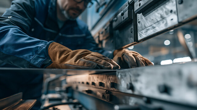 Metal sheet bending machine and factory worker showcasing precision metal fabrication, press brake operation and sheet metal forming, representing industrial manufacturing and heavy technology