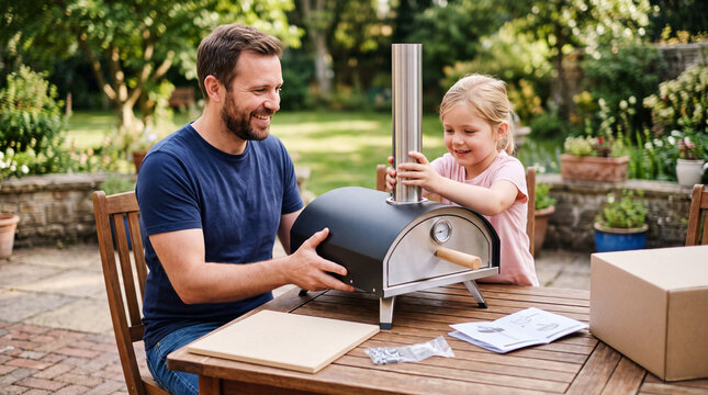 Father and daughter assembling a portable outdoor tabletop pizza oven on patio table