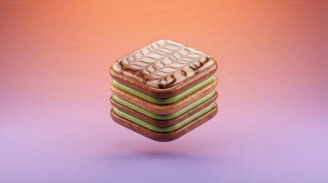 3D render of a stacked square chocolate wafer biscuit with green matcha cream filling