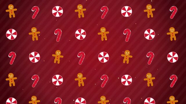 Christmas Seamless Pattern with Gingerbread Men, Candy Canes, and Peppermint Sweets on Red Background