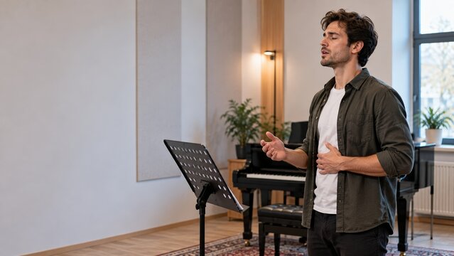 Man practicing vocal warmup beside music stand in rehearsal room