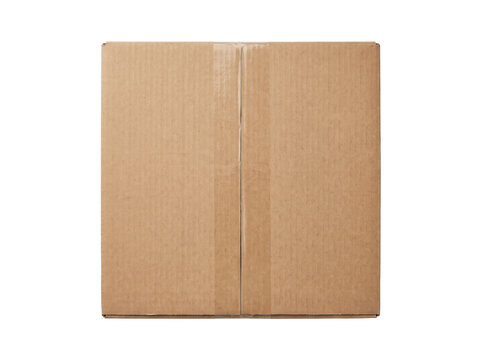 Closed brown cardboard shipping box sealed with tape isolated on black background, capturing professional delivery and logistics concept for e-commerce packaging and warehouse storage mockup.