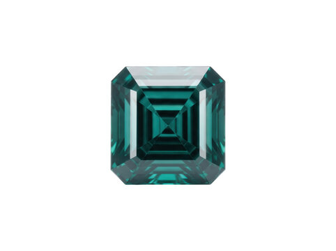 Asscher cut teal tourmaline gemstone isolated on black background, featuring deep blue green facets for luxury jewelry design and high-end gemology product catalogs.