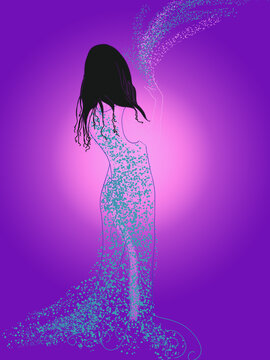Dancing girl with curling black hair wearing a long blue dress