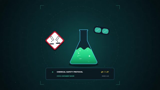 Chemical Safety Protocol HUD Interface with Laboratory Flask and Hazard Symbol Visualization
