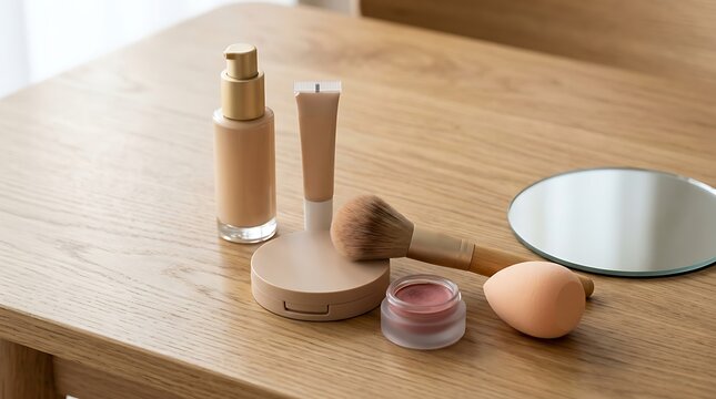 Cosmetic makeup products including liquid foundation and face powder with a brush on a wooden table desk. simple makeup tutorial