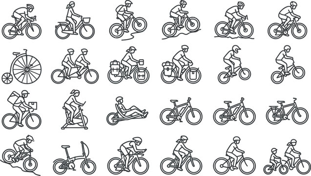 Set of various bicycle icons including mountain, road, tandem, and electric bikes vector illustration