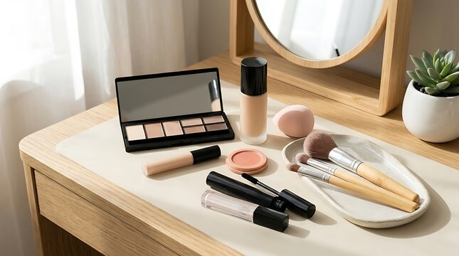 Professional makeup kit with brushes and cosmetics on a wooden dressing table in a bright sunny room. simple makeup tutorial