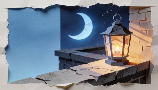 Glowing metal lantern casting warm light across cracked stone parapet at night, copy space