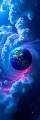 Obraz premium Cosmic clouds swirl around a vibrant blue planet amidst a kaleidoscope of stars, ||galaxy, scene