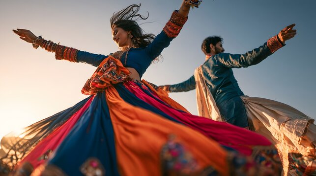 Couple dancing traditional indian garba in vibrant ethnic clothing against a clear sunset sky
