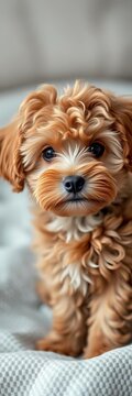 Furry brown cavapoo with big eyes and floppy ears, looking directly at the camera, surrounded by soft focus background, pet, adorable
