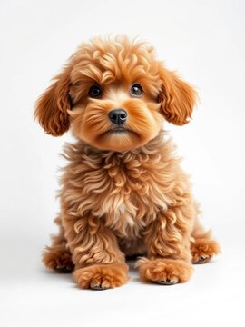 Furry, fluffy poodle sitting on white background, looking up with big brown eyes, animal, toy