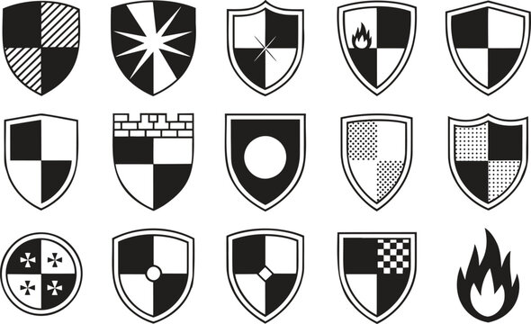 Set of fifteen black and white heraldic shield icons, featuring various geometric patterns, flame symbols, castle battlements, and cross motifs