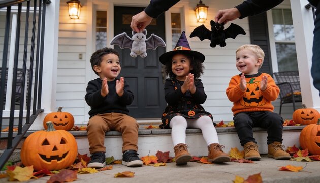 Clapping kids on porch steps, watching adult hands waving plush bats, witch hat, pumpkins