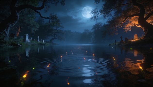 Rippling water reflecting full moon and glowing embers at lakeside graves, gnarled trees looming