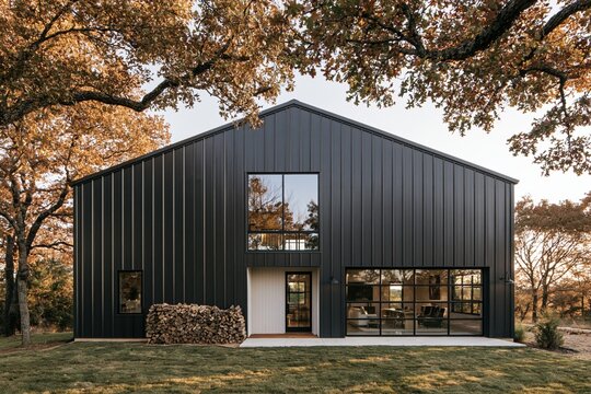 Barndominium with black metal siding and gambrel roof surrounded by autumn trees and firewood stack