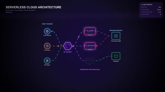 Serverless cloud architecture diagram with data flow and cloud services integration