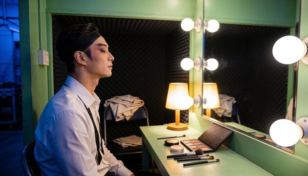 Applying makeup actor wearing white shirt suspenders at backstage vanity with lit mirror