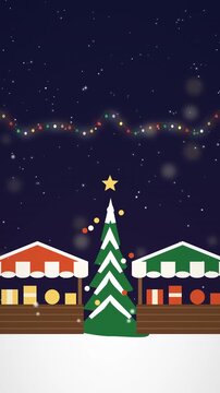 Christmas Market Stalls with Lights in Snow on Violet Sky Tones Loop Background