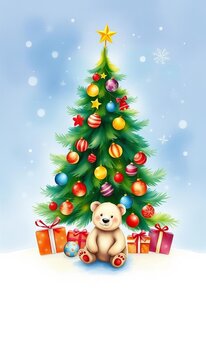 Watercolour Christmas illustration featuring a festive tree surrounded by ornaments and a cute bear sitting beneath it, with snowflakes gently falling around, yellow, celebration