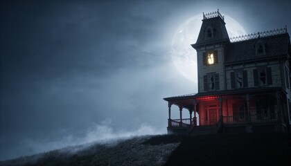 Fototapeta premium Sitting Victorian house beneath full moon on hill, upper window silhouette, red light, copy space