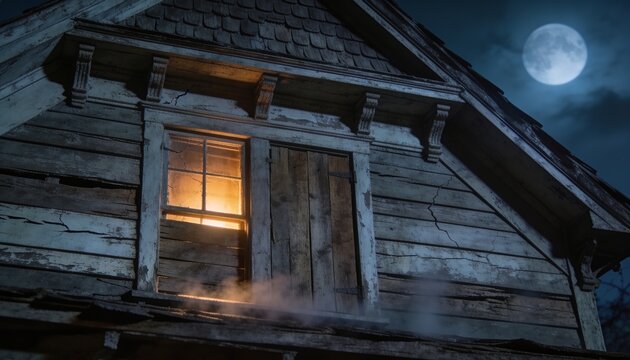 Glowing partly boarded multi-pane attic window casting warm light into mist by aged gable at night