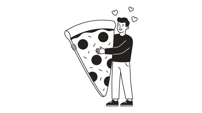 Loving young man hugging a giant delicious slice of pepperoni pizza featuring playful black and white vector art outlines showing extreme affection and foodie obsession with fast food meals today