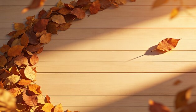 Resting single dry autumn leaf casting diagonal shadow on wooden planks, leaf pile, copy space